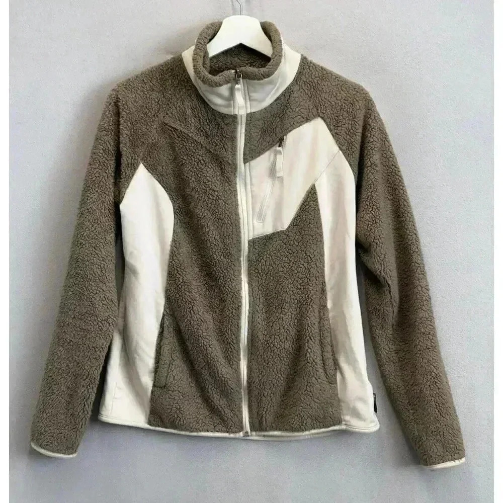 Columbia Fleece Jacket Women's M Brown Beige Full Zip Pockets Mock Neck Sherpa